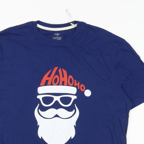 Marks and Spencer Mens Blue Cotton T-Shirt Size S Round Neck - Father Christmas Ho Ho Ho