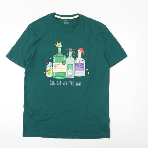 Marks and Spencer Mens Green Cotton T-Shirt Size M Round Neck - Christmas Gin-gle all the way