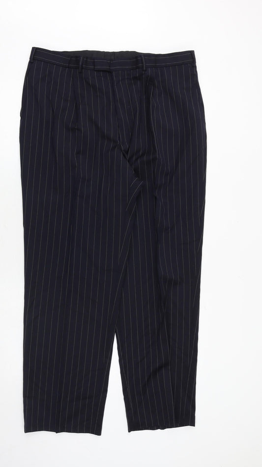 Jaeger Mens Blue Striped Polyester Trousers Size 38 in Regular Zip
