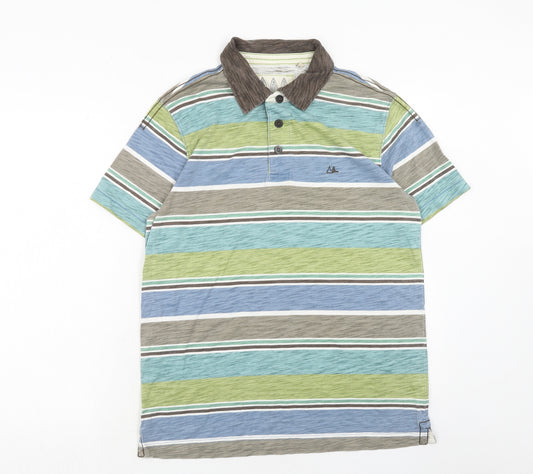 MANTARAY PRODUCTS Mens Multicoloured Striped Cotton Polo Size M Collared Button