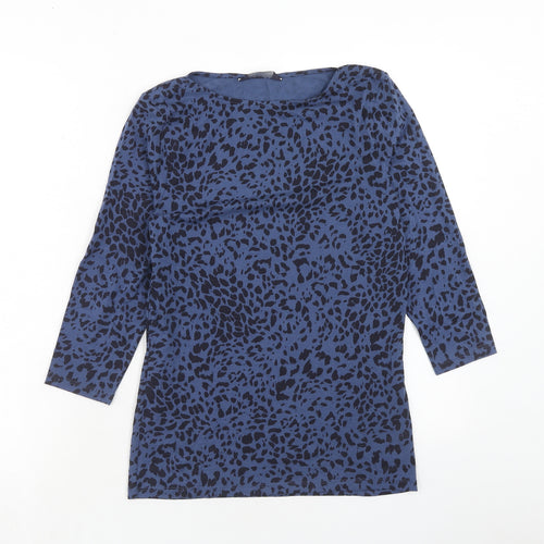 Marks and Spencer Womens Blue Animal Print Cotton Basic T-Shirt Size 10 Boat Neck - Leopard Print