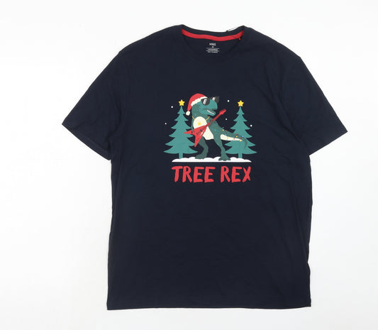 Marks and Spencer Mens Blue Cotton T-Shirt Size M Round Neck - Christmas Dinosaur Tree Rex
