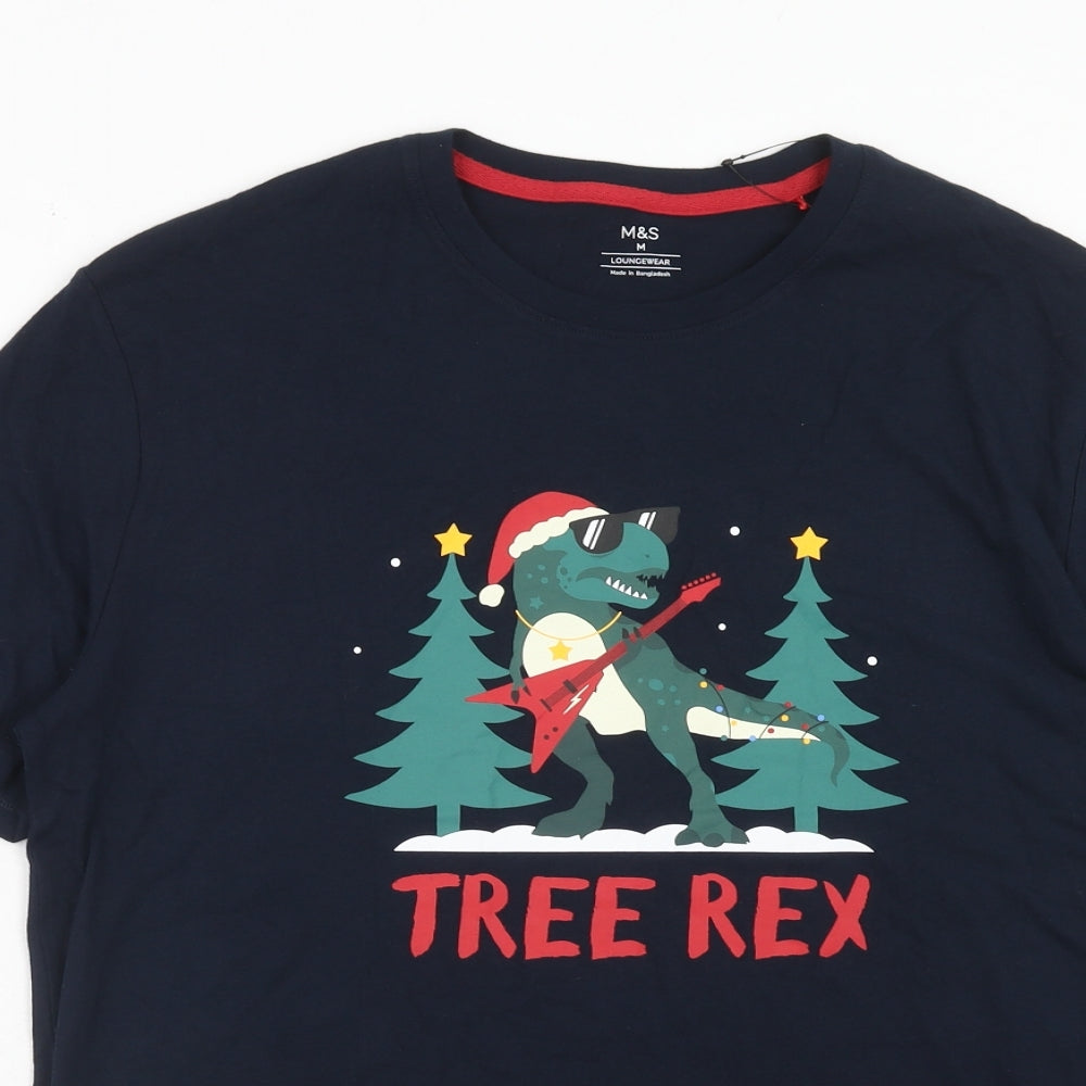 Marks and Spencer Mens Blue Cotton T-Shirt Size M Round Neck - Christmas Dinosaur Tree Rex