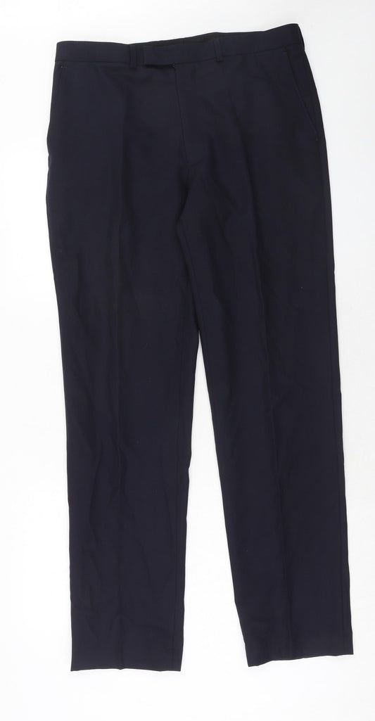 Marks and Spencer Mens Blue Wool Trousers Size 34 in L33 in Regular Zip