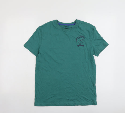 Marks and Spencer Boys Green Cotton Basic T-Shirt Size 12-13 Years Round Neck Pullover - Today Is A Good Day