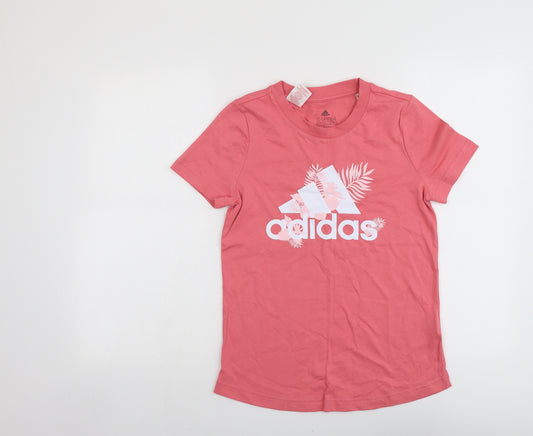 adidas Girls Pink Cotton Basic T-Shirt Size 13-14 Years Round Neck Pullover