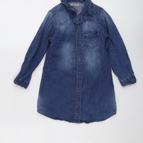 NEXT Girls Blue Cotton Shirt Dress Size 4-5 Years Collared Button