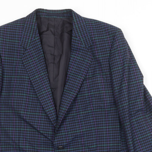 Wellington Mens Blue Plaid Wool Jacket Blazer Size 44 Regular