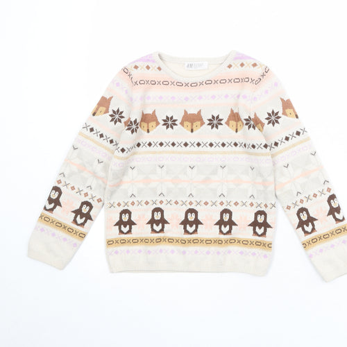 H&M Girls Multicoloured Round Neck Geometric Polyester Pullover Jumper Size 6-7 Years Pullover - Size 6-8 Years Penguin Fox