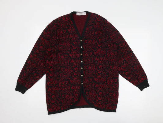 St Michael Womens Red V-Neck Paisley Acrylic Cardigan Jumper Size 14