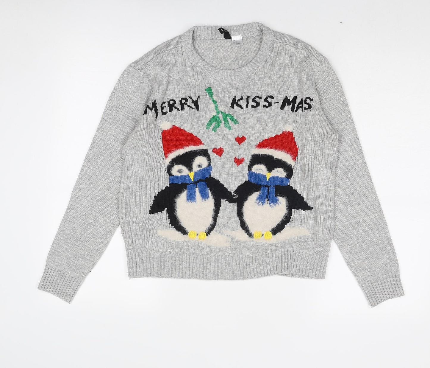 Divided by H&M Womens Grey Round Neck Acrylic Pullover Jumper Size S - Penguin Christmas Merry Kiss-mas
