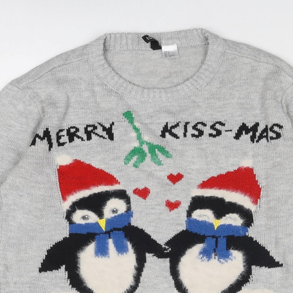Divided by H&M Womens Grey Round Neck Acrylic Pullover Jumper Size S - Penguin Christmas Merry Kiss-mas