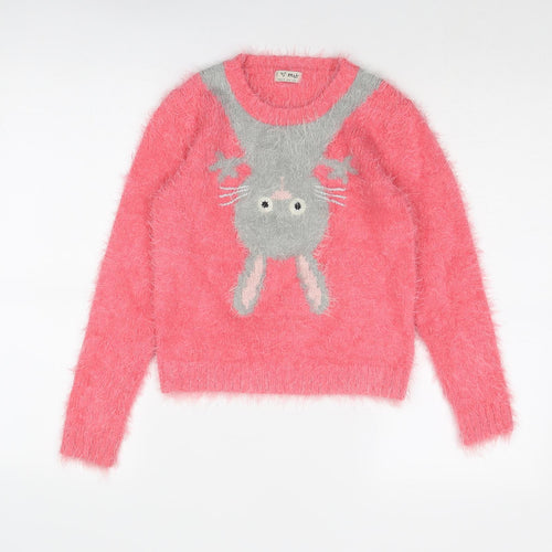 NEXT Girls Pink Round Neck Acrylic Pullover Jumper Size 9-10 Years Pullover - Rabbit