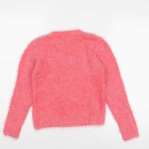 NEXT Girls Pink Round Neck Acrylic Pullover Jumper Size 9-10 Years Pullover - Rabbit