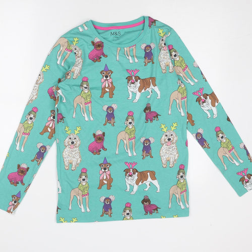 Marks and Spencer Girls Multicoloured Geometric Polyester Basic T-Shirt Size 12-13 Years Round Neck Pullover - Dog Print