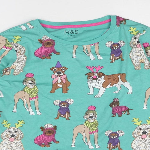 Marks and Spencer Girls Multicoloured Geometric Polyester Basic T-Shirt Size 12-13 Years Round Neck Pullover - Dog Print