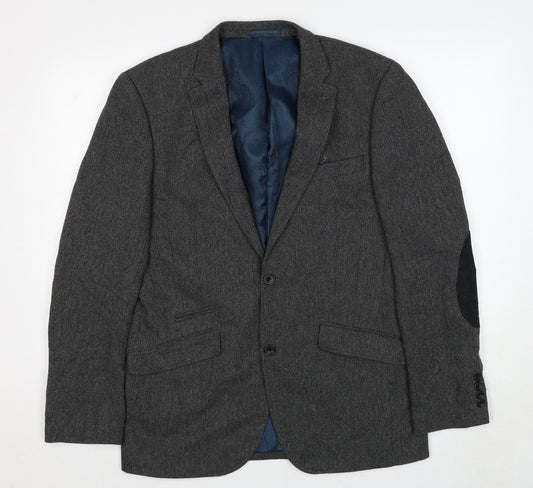 NEXT Mens Grey Herringbone Polyester Jacket Blazer Size 40 Regular - Elbow Patches