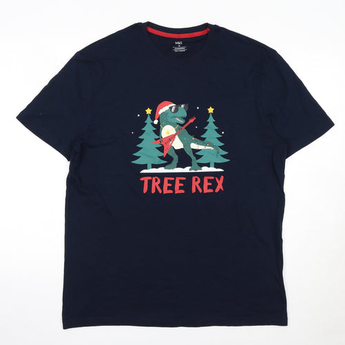 Marks and Spencer Mens Blue Cotton T-Shirt Size M Round Neck Pullover - Tree Rex Christmas