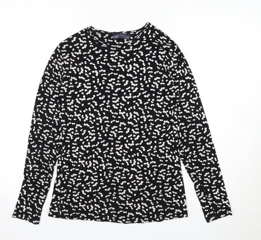 Marks and Spencer Womens Black Geometric Cotton Basic T-Shirt Size 12 Boat Neck