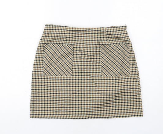 Cotton On Womens Beige Plaid Polyester A-Line Skirt Size M Zip