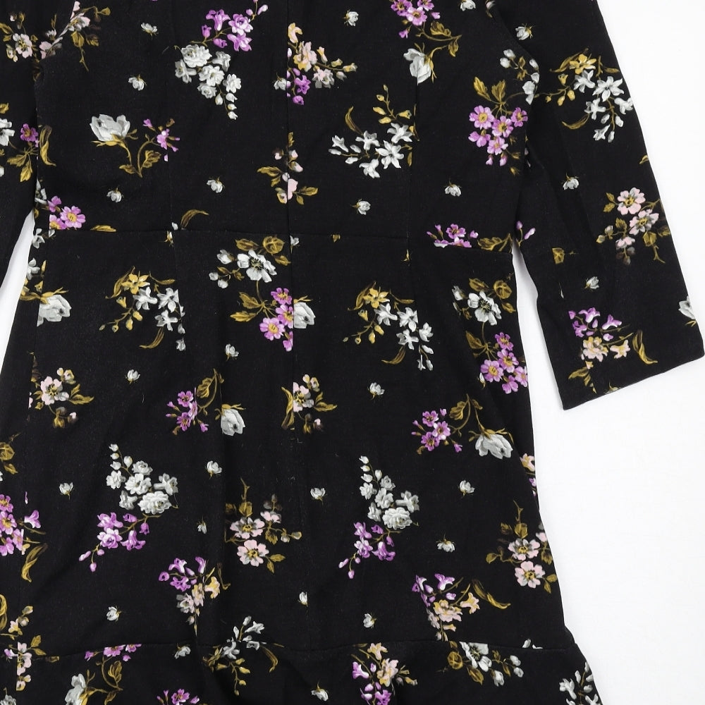 Warehouse Womens Black Floral Viscose A-Line Size 16 Boat Neck Zip