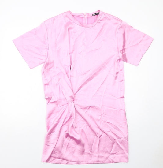 Zara Womens Pink Polyester Sheath Size L Round Neck Zip - Front Detail