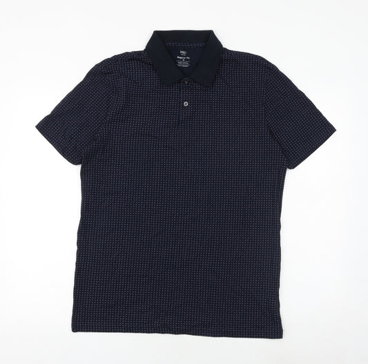 Marks and Spencer Mens Blue Geometric 100% Cotton Polo Size M Collared Button
