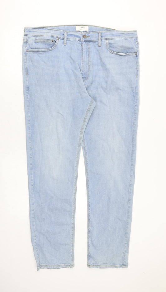 Marks and Spencer Mens Blue Cotton Straight Jeans Size 40 in Slim Zip