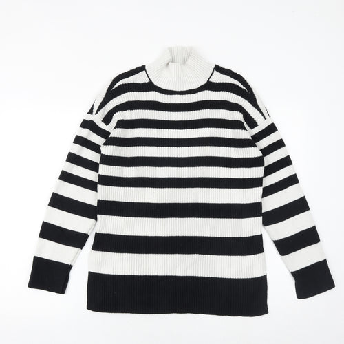 Marks and Spencer Womens Black Mock Neck Striped Cotton Pullover Jumper Size M