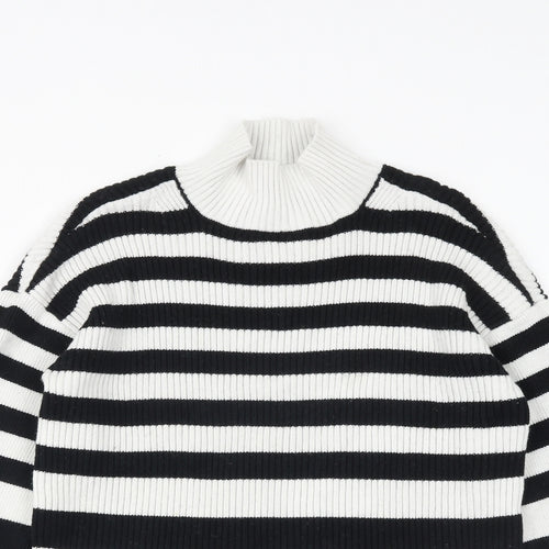 Marks and Spencer Womens Black Mock Neck Striped Cotton Pullover Jumper Size M