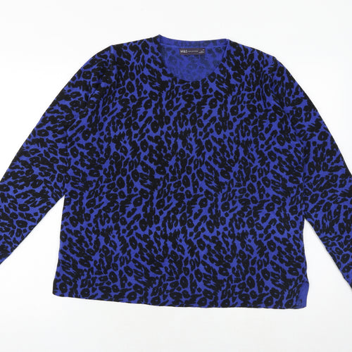 Marks and Spencer Womens Blue Round Neck Animal Print Acrylic Pullover Jumper Size 18 - Leopard Pattern