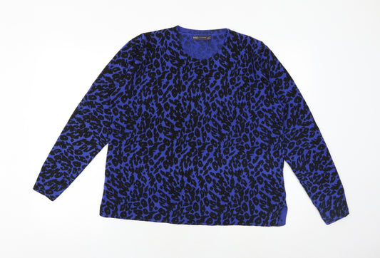 Marks and Spencer Womens Blue Round Neck Animal Print Acrylic Pullover Jumper Size 18 - Leopard Pattern