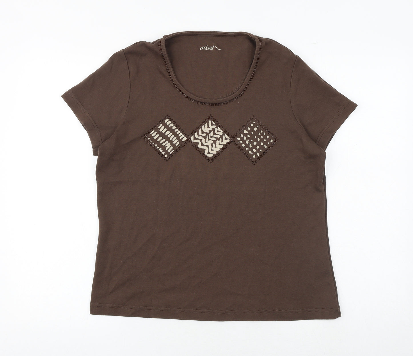 DASH Womens Brown Cotton Basic T-Shirt Size 16 Round Neck