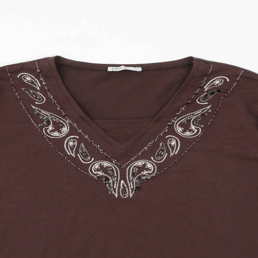 Oscar B. Womens Brown Cotton Basic T-Shirt Size L V-Neck