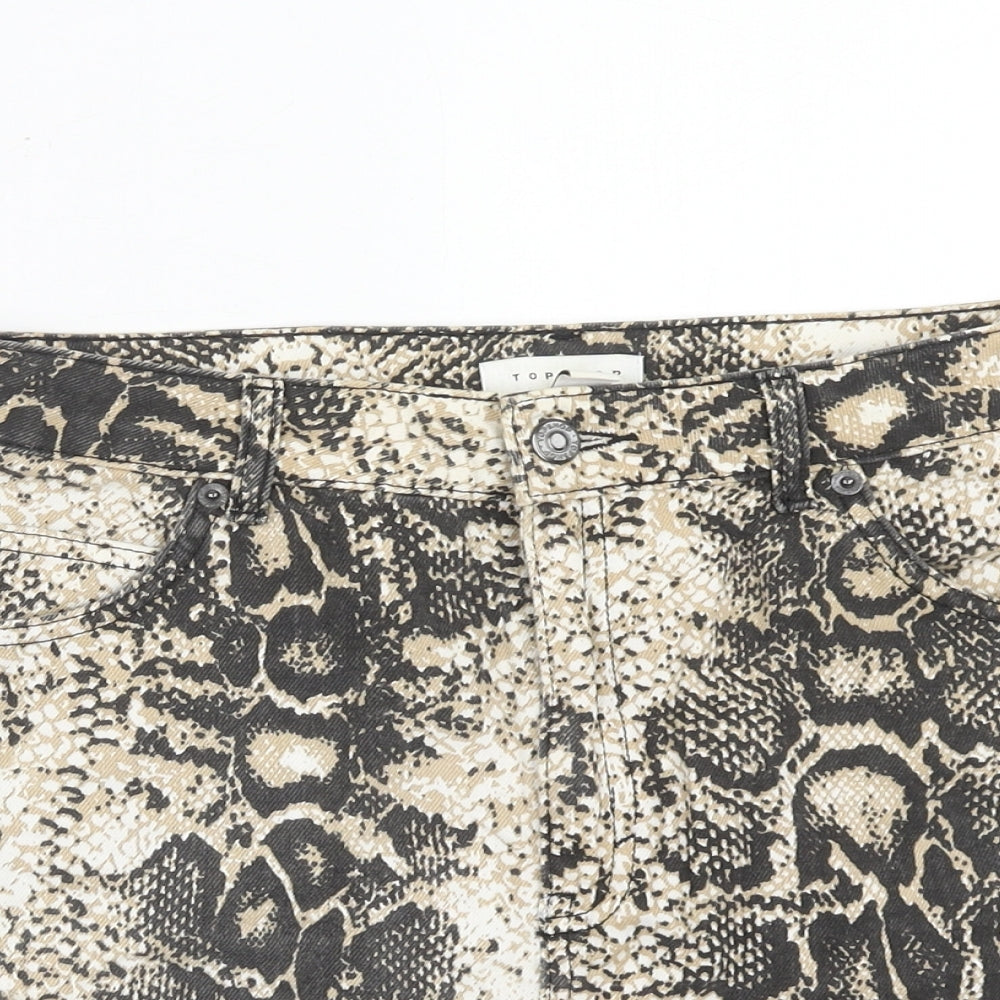 Topshop Womens Brown Animal Print Cotton A-Line Skirt Size 10 Zip - Snakeskin Pattern