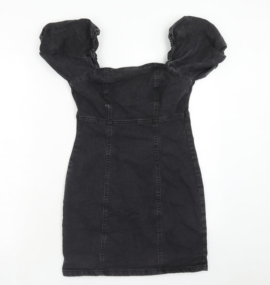 New Look Womens Black Cotton Bodycon Size 12 Square Neck Zip