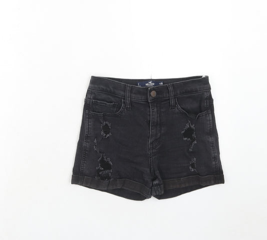 Hollister Womens Black Cotton Hot Pants Shorts Size 26 in Regular Zip - Distressed Look