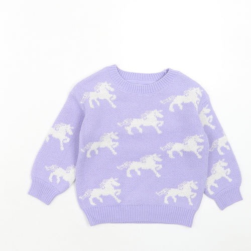Marks and Spencer Girls Purple Round Neck Geometric Acrylic Pullover Jumper Size 2-3 Years Pullover - Horse
