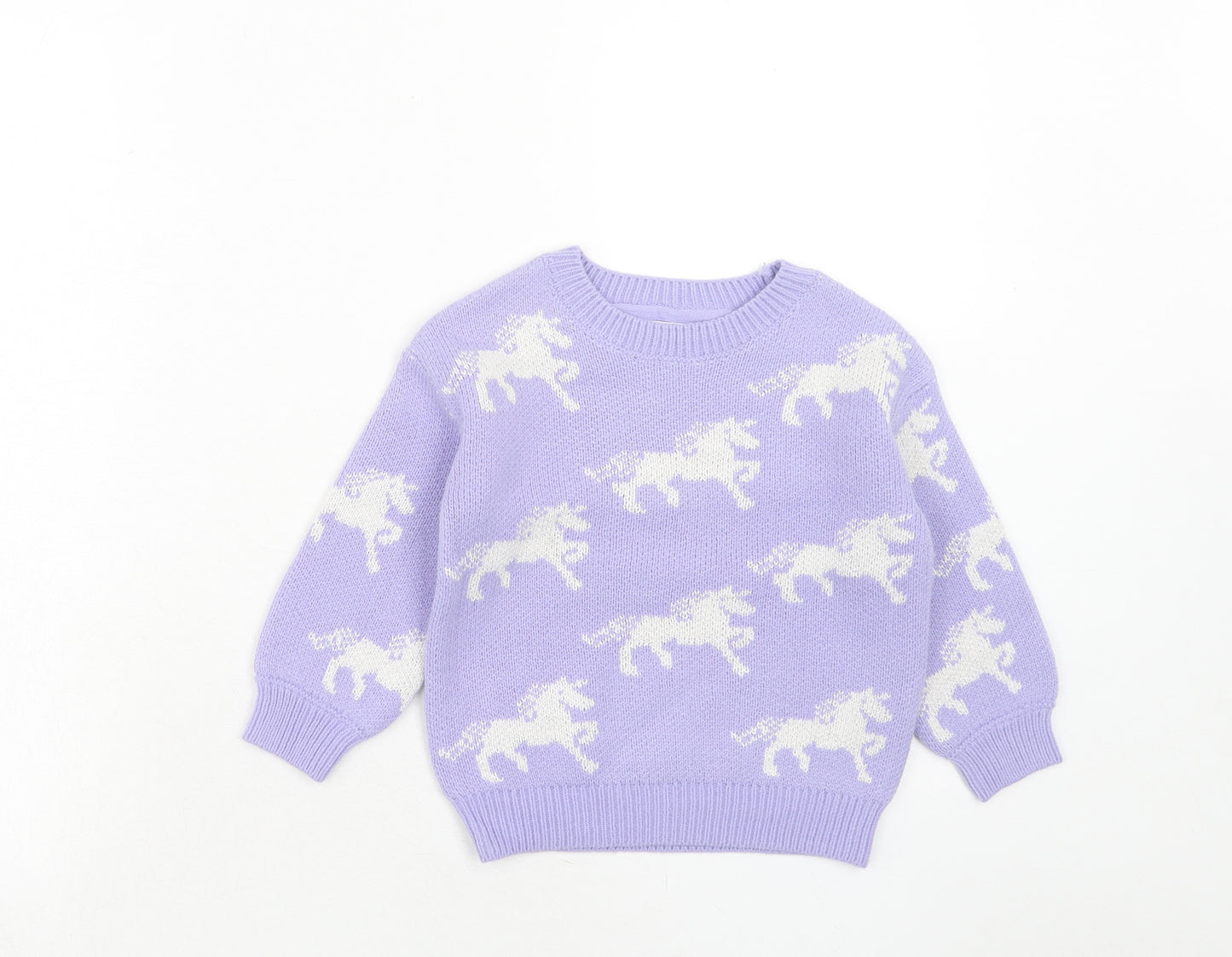 Marks and Spencer Girls Purple Round Neck Geometric Acrylic Pullover Jumper Size 2-3 Years Pullover - Horse