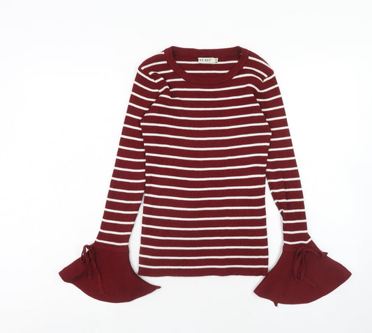 Fee Red Womens Red Round Neck Striped Viscose Pullover Jumper Size S