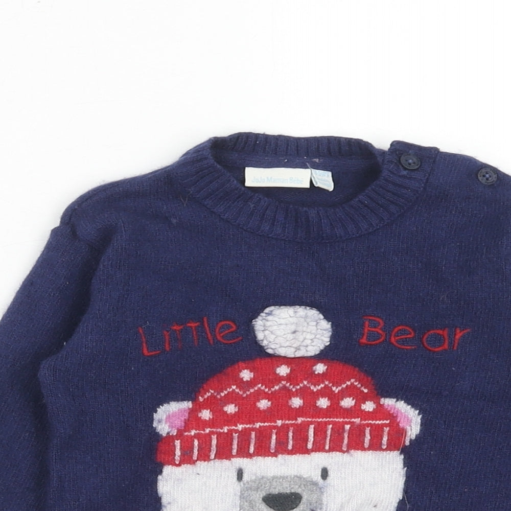 JoJo Maman Bébé Girls Blue Round Neck Wool Pullover Jumper Size 4-5 Years Button - Polar Bear