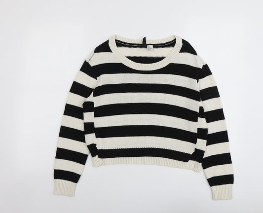 H&M Womens Black Round Neck Striped Acrylic Pullover Jumper Size S