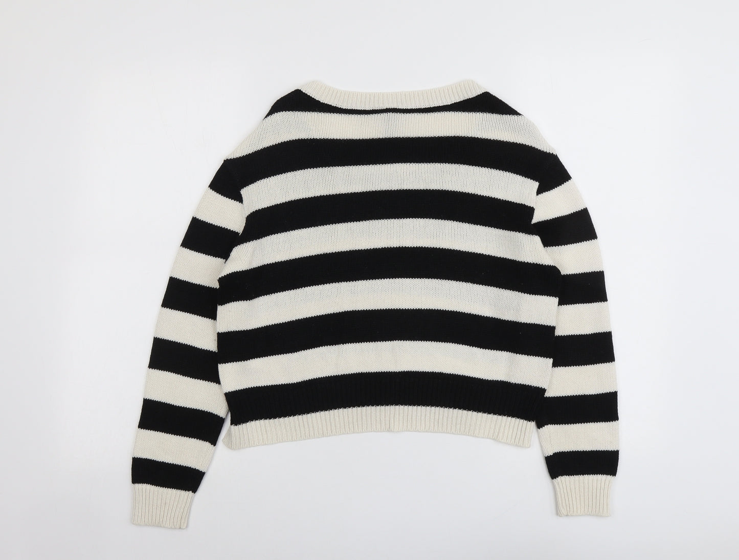 H&M Womens Black Round Neck Striped Acrylic Pullover Jumper Size S