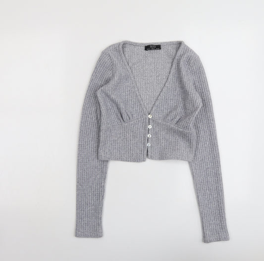 Bershka Womens Grey V-Neck Polyester Cardigan Jumper Size S