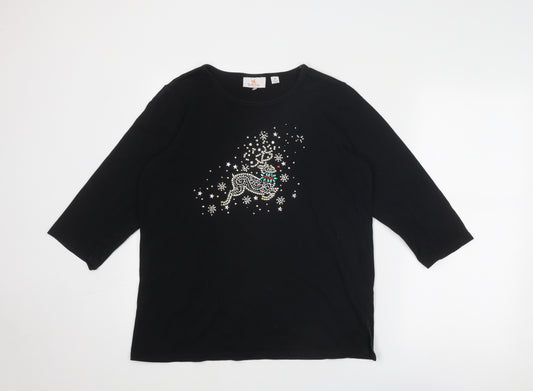 Quacker Factory Womens Black Cotton Basic T-Shirt Size M Round Neck - Reindeer Christmas