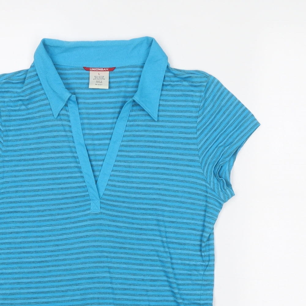 UNIONBAY Womens Blue Striped Cotton Basic Polo Size L Collared