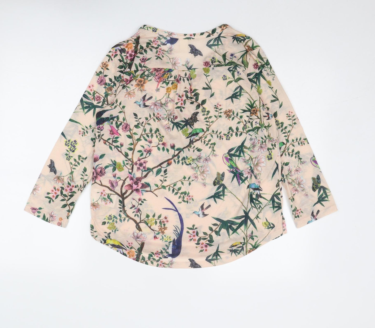 H&M Womens Multicoloured Geometric Polyester Basic T-Shirt Size S V-Neck - Leaf Print Bird