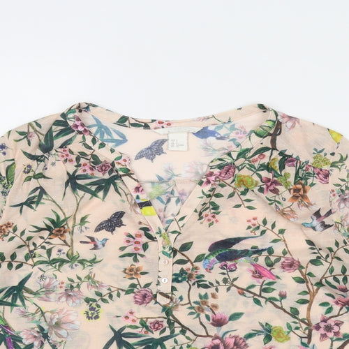 H&M Womens Multicoloured Geometric Polyester Basic T-Shirt Size S V-Neck - Leaf Print Bird