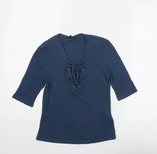 Topshop Womens Blue Viscose Basic T-Shirt Size 10 V-Neck
