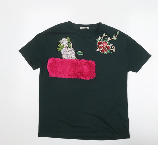 Zara Womens Green Polyester Basic T-Shirt Size S Round Neck - Flower